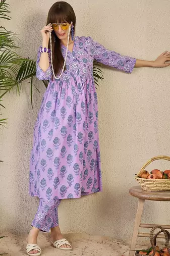 Adults-Women Floral Printed Cotton A-Line Kurta with Trousers