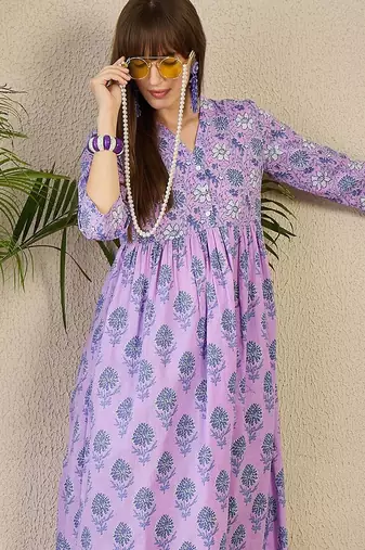 Adults-Women Floral Printed Cotton A-Line Kurta with Trousers