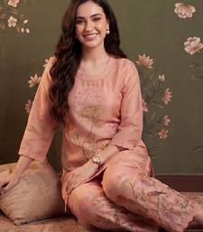 Women Floral Embroidered Regular Thread Work Linen Kurta with Trousers