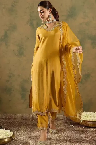 Floral Embroidered Kurta With Trousers & Dupatta