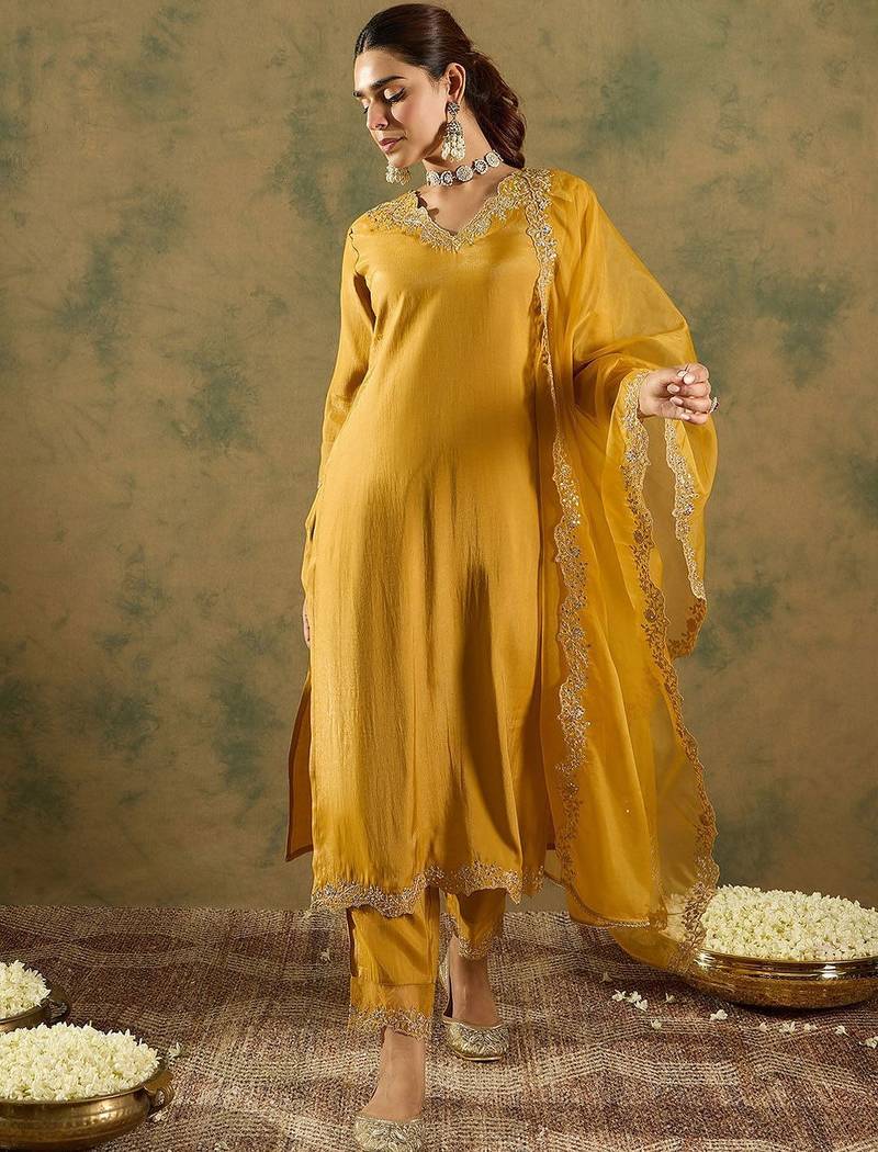 Floral Embroidered Kurta With Trousers & Dupatta