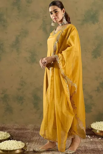 Floral Embroidered Kurta With Trousers & Dupatta