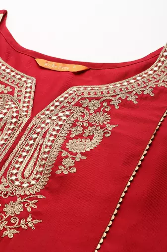 Ethnic Motifs Yoke Design Zari Panelled Liva Kurta With Trousers & Dupatta