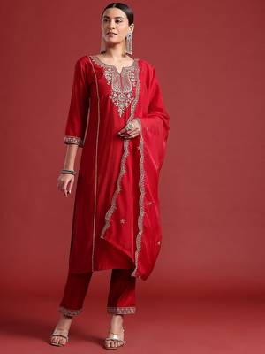 Ethnic Motifs Yoke Design Zari Panelled Liva Kurta With Trousers & Dupatta 1