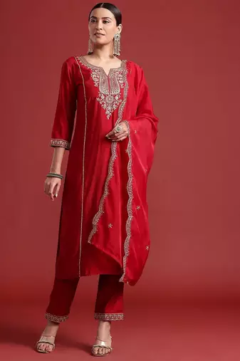 Ethnic Motifs Yoke Design Zari Panelled Liva Kurta With Trousers & Dupatta