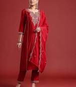Ethnic Motifs Yoke Design Zari Panelled Liva Kurta With Trousers & Dupatta