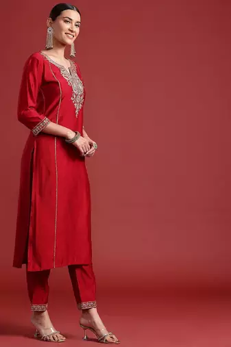 Ethnic Motifs Yoke Design Zari Panelled Liva Kurta With Trousers & Dupatta