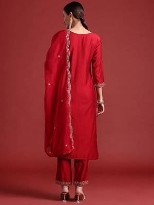 Ethnic Motifs Yoke Design Zari Panelled Liva Kurta With Trousers & Dupatta 7