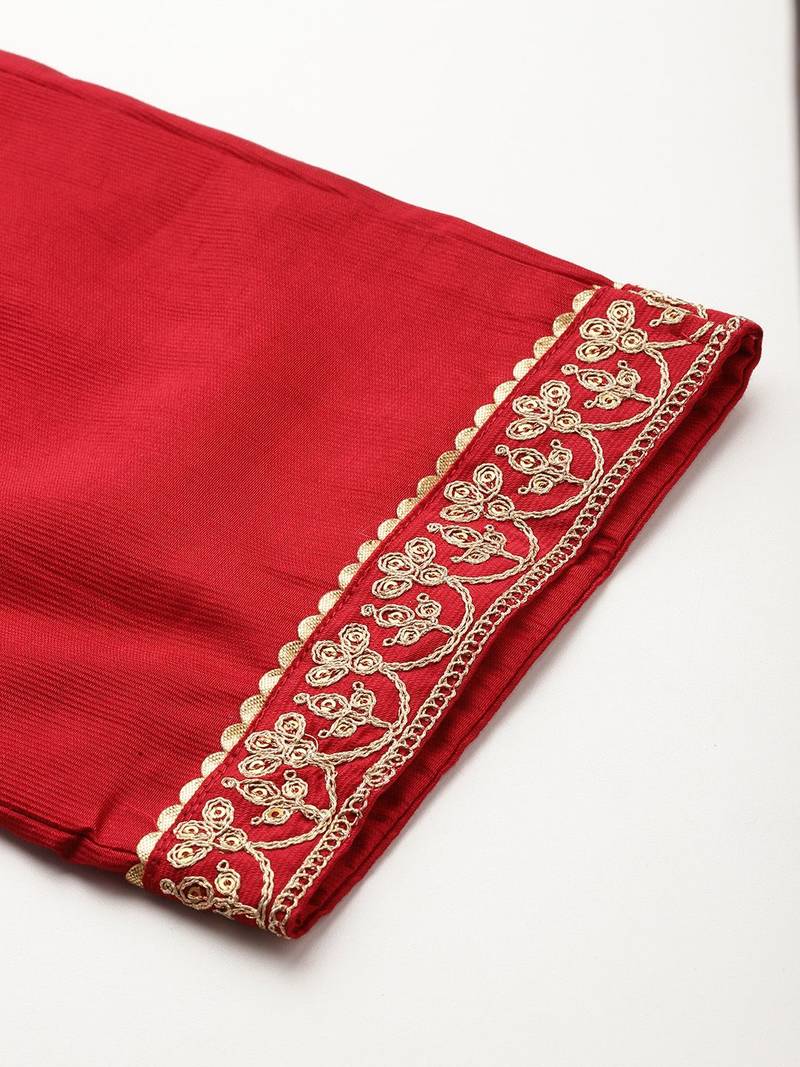 Ethnic Motifs Yoke Design Zari Panelled Liva Kurta With Trousers & Dupatta