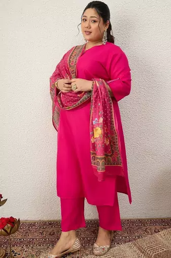 Plus Size Ethnic Motifs Regular Thread Work Kurta with Palazzos & With Dupatta