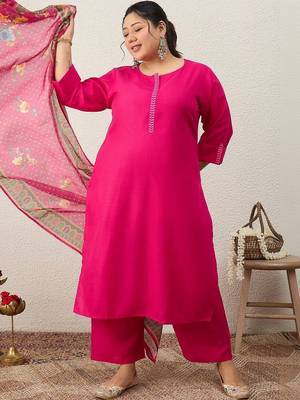Plus Size Ethnic Motifs Regular Thread Work Kurta with Palazzos & With Dupatta 2