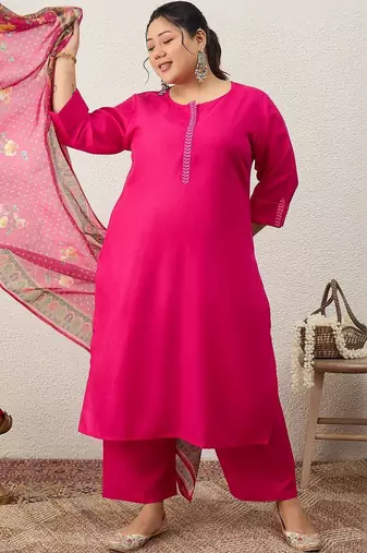 Plus Size Ethnic Motifs Regular Thread Work Kurta with Palazzos & With Dupatta