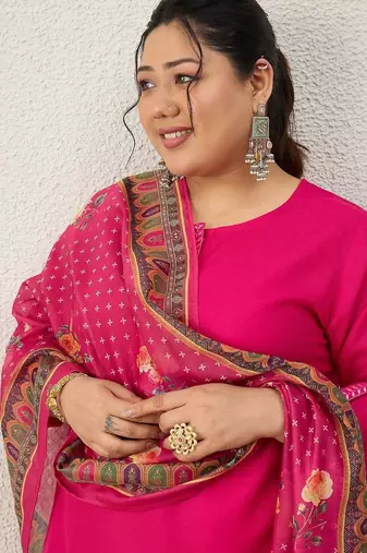 Plus Size Ethnic Motifs Regular Thread Work Kurta with Palazzos & With Dupatta