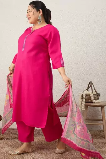 Plus Size Ethnic Motifs Regular Thread Work Kurta with Palazzos & With Dupatta