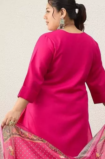 Plus Size Ethnic Motifs Regular Thread Work Kurta with Palazzos & With Dupatta