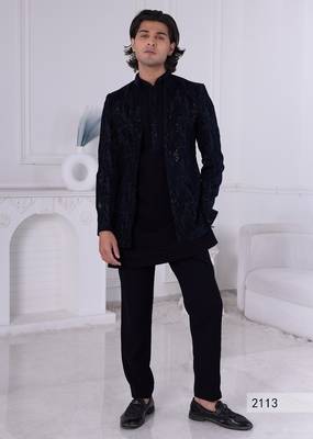 Blue velvet open indowestern for men | premium men's ethnic wear 1