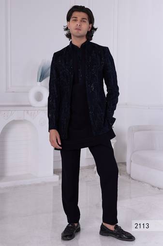 Blue velvet open indowestern for men | premium men's ethnic wear