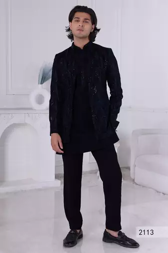 Blue velvet open indowestern for men | premium men's ethnic wear