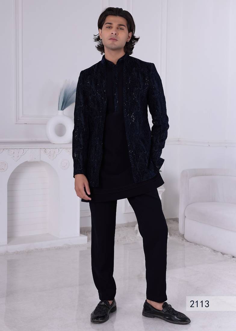 Blue velvet open indowestern for men | premium men's ethnic wear