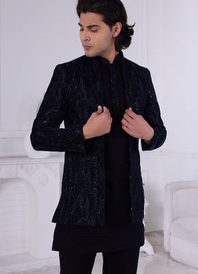 Blue velvet open indowestern for men | premium men's ethnic wear 2