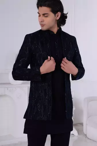 Blue velvet open indowestern for men | premium men's ethnic wear
