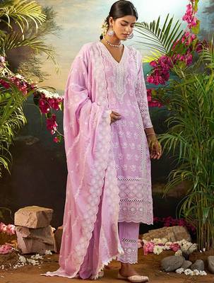 Women Ethnic Motifs Embroidered Cotton Kurta with Trousers & Dupatta 4