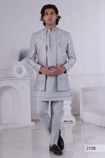 Grey color open indowestern for men 