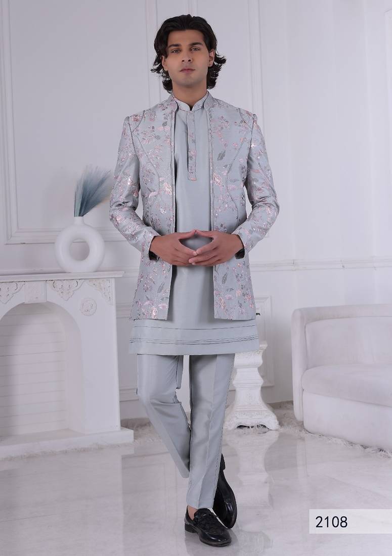 Grey color open indowestern for men | premium men's ethnic wear