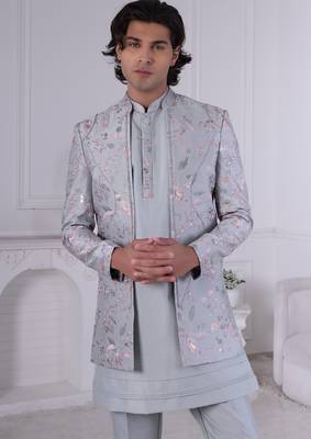 Grey color open indowestern for men | premium men's ethnic wear 2