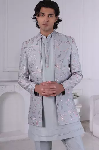 Grey color open indowestern for men | premium men's ethnic wear