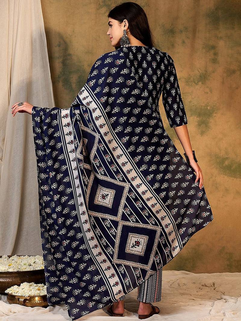 Ethnic Motifs Printed Regular Thread Work Kurta With Trousers & Dupatta