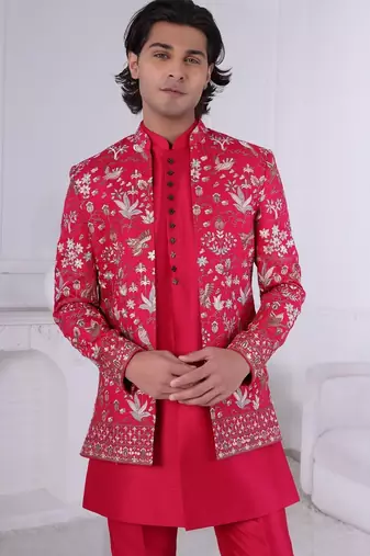 Rani pink open indowestern for men | premium men's ethnic wear