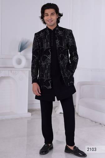 Navy blue open indowestern for men 