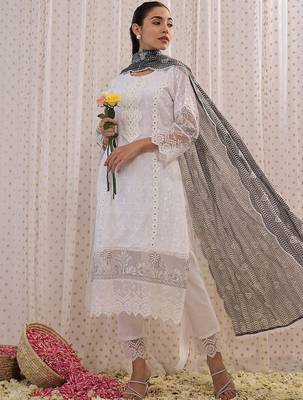 floral embroidered round neck  cotton straight kurta with trousers & dupatta 1