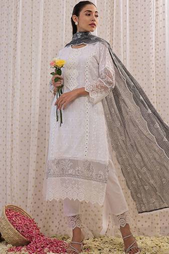 Floral Embroidered Round Neck Pure Cotton Straight Kurta with Trousers & Dupatta