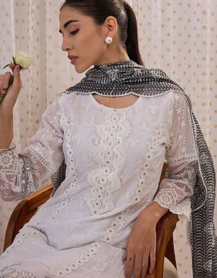 floral embroidered round neck  cotton straight kurta with trousers & dupatta 2