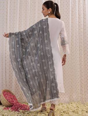floral embroidered round neck  cotton straight kurta with trousers & dupatta 5