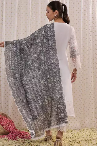Floral Embroidered Round Neck Pure Cotton Straight Kurta with Trousers & Dupatta