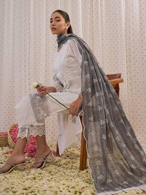floral embroidered round neck  cotton straight kurta with trousers & dupatta 6