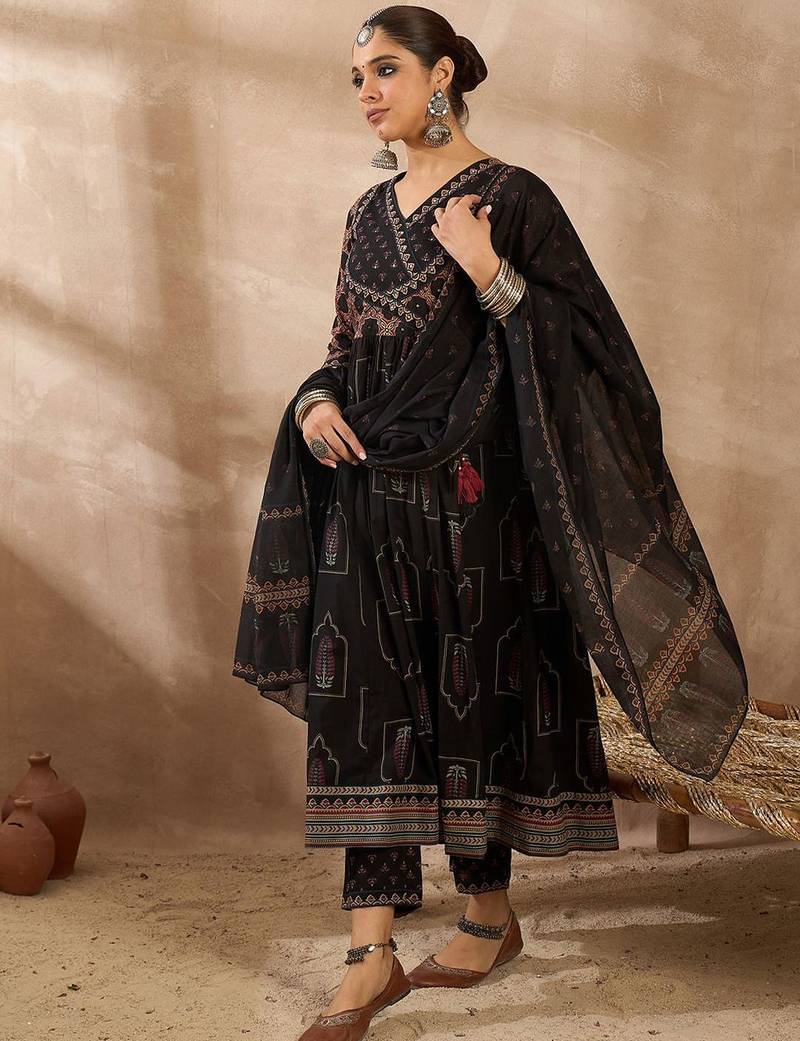Women Ethnic Motifs Printed Pleated Beads and Stones Pure Cotton Kurta with Trousers & With Dupatta