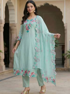 Women Floral Embroidered Regular Thread Work Pure Cotton Kurta with Trousers & With Dupatta 3