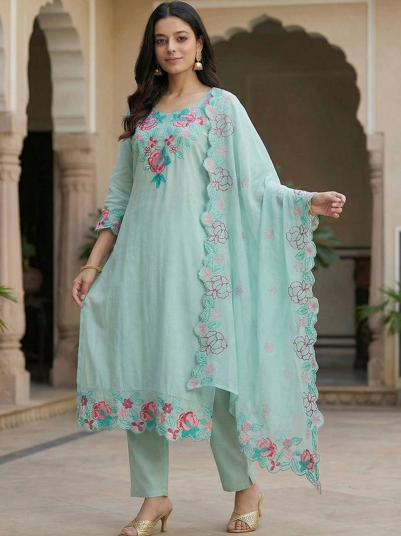 Women Floral Embroidered Regular Thread Work Pure Cotton Kurta with Trousers & With Dupatta
