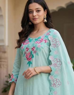 Women Floral Embroidered Regular Thread Work Pure Cotton Kurta with Trousers & With Dupatta 4