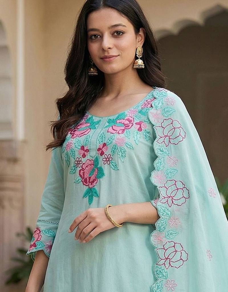Women Floral Embroidered Regular Thread Work Pure Cotton Kurta with Trousers & With Dupatta