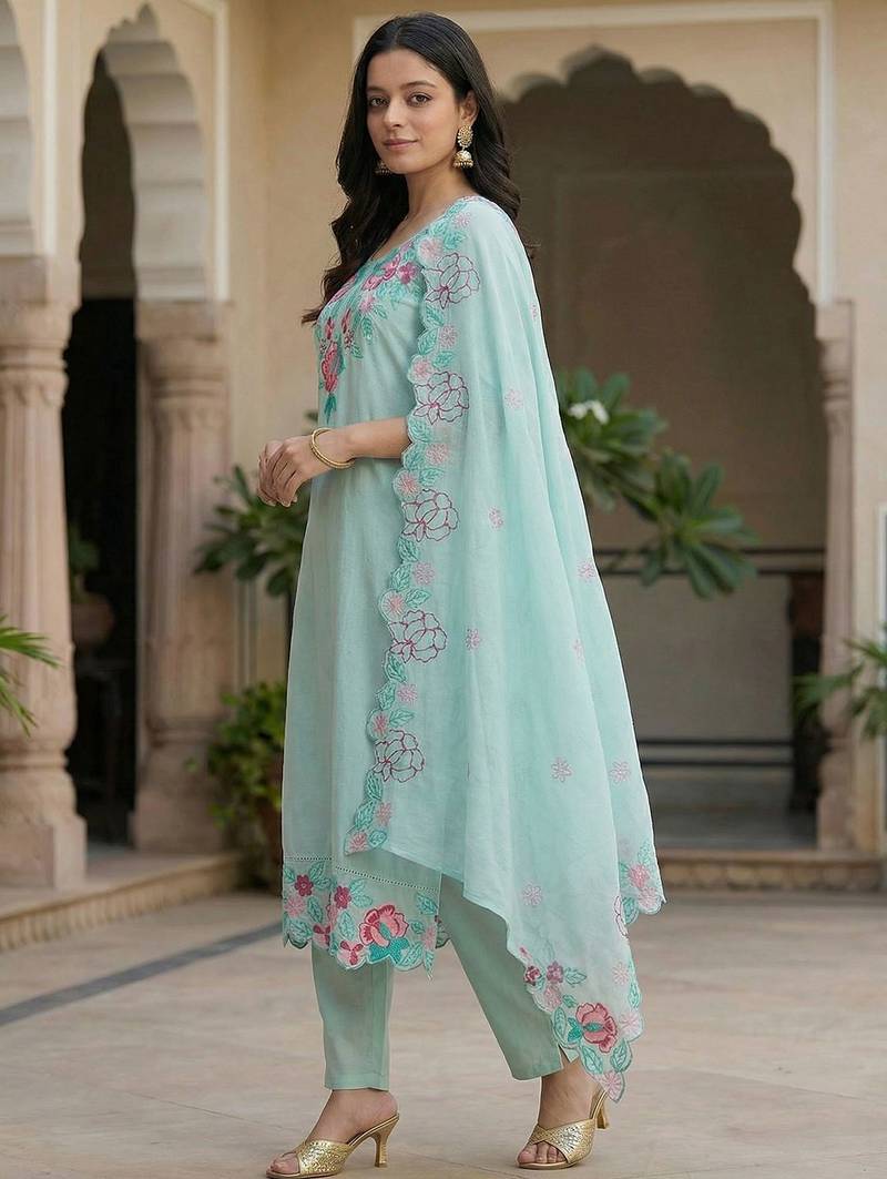 Women Floral Embroidered Regular Thread Work Pure Cotton Kurta with Trousers & With Dupatta