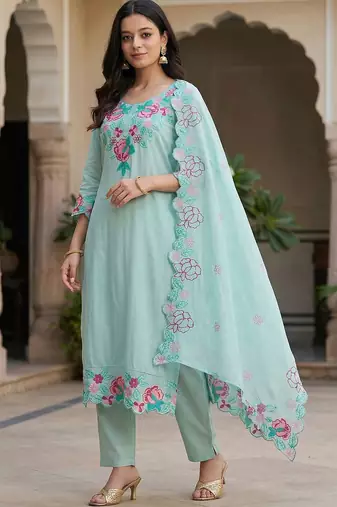 Women Floral Embroidered Regular Thread Work Pure Cotton Kurta with Trousers & With Dupatta