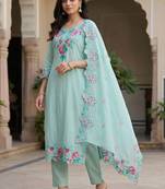 Women Floral Embroidered Regular Thread Work Pure Cotton Kurta with Trousers & With Dupatta