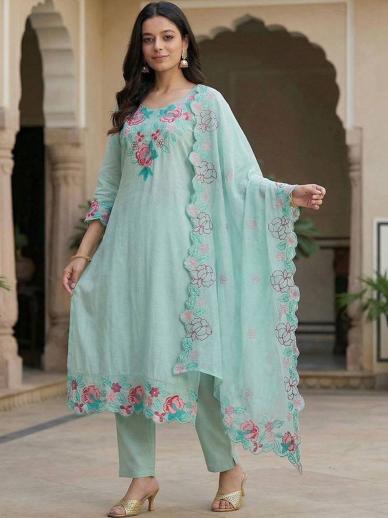 Women Floral Embroidered Regular Thread Work Pure Cotton Kurta with Trousers & With Dupatta