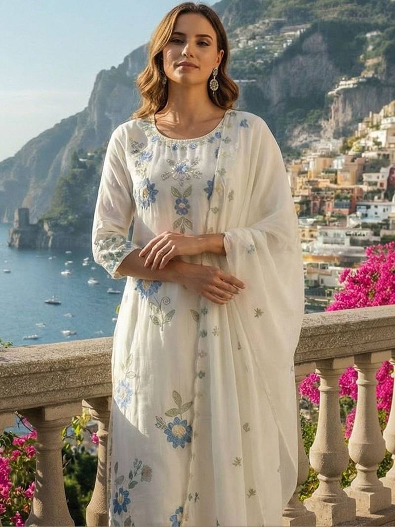 Women Floral Embroidered Regular Thread Work Pure Cotton Kurta with Trousers & With Dupatta