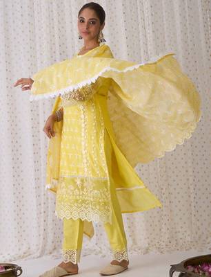 Round Neck Floral Embroidered Pure Cotton Straight Kurta with Trouser & Dupatta 1